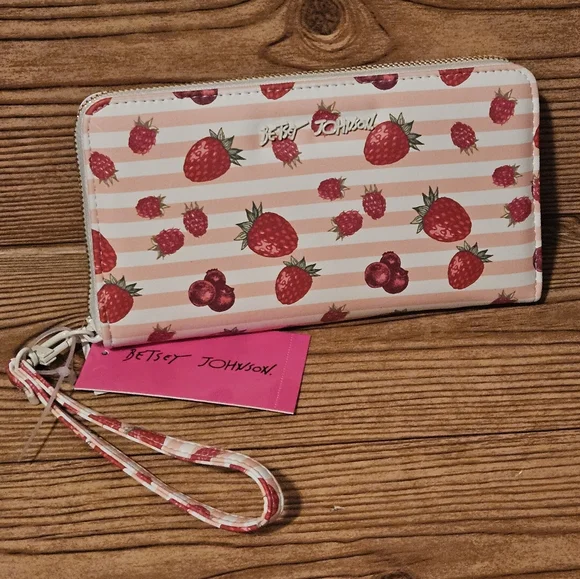 NEW Betsey Johnson Strawberry Berry Stripe Wallet - Picture 2 of 4